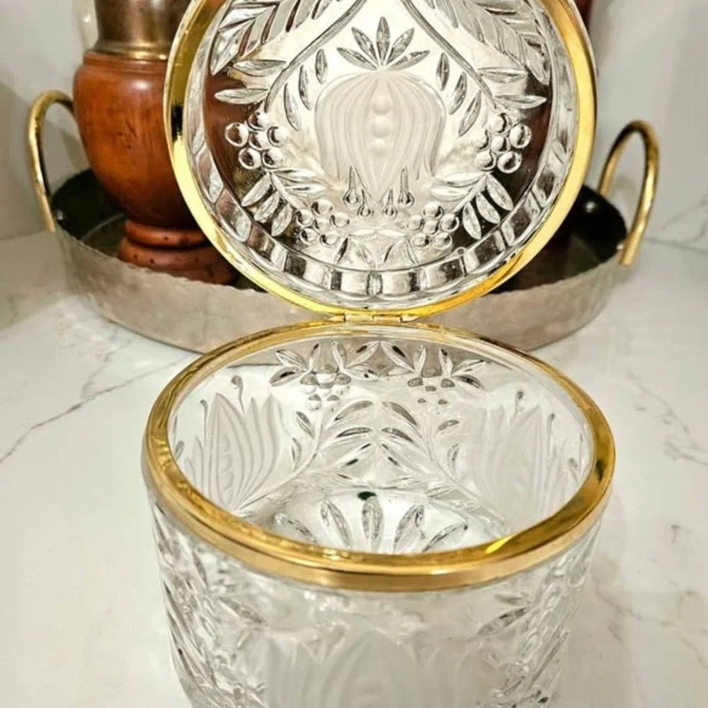 Vintage French Cut Crystal Hinged Jewelry Box Brass Trim /Floral Etched Design